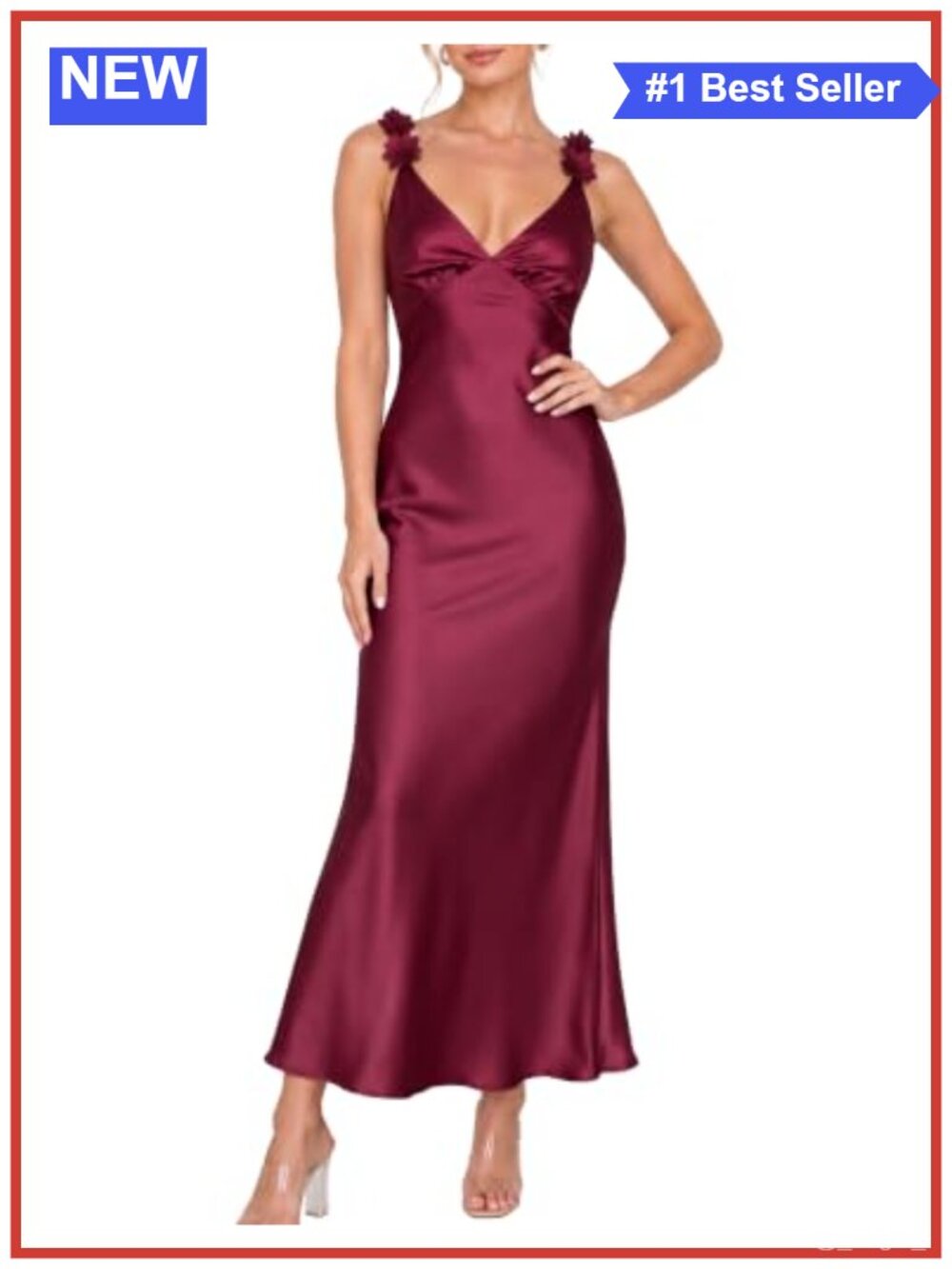 Satin V-Neck Midi Dress Spaghetti Strap Wedding Guest Formal